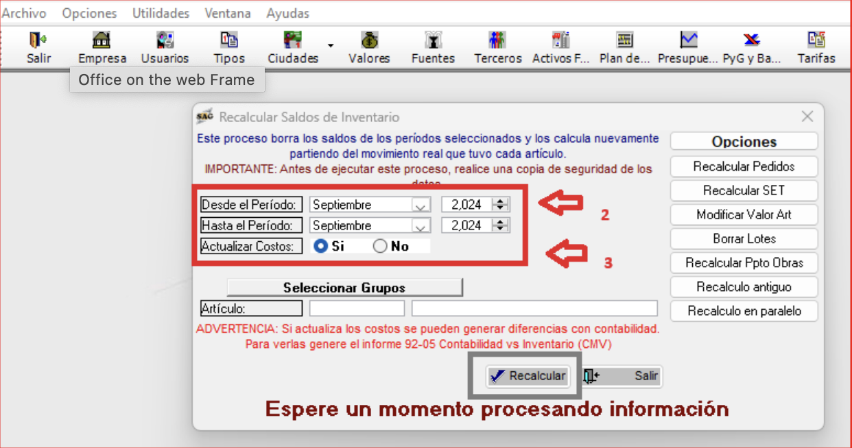 Pantalla Recálculo